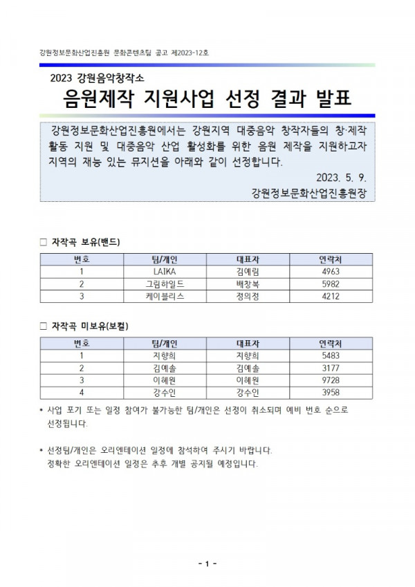 [공고문]2023년 강원음악창작소 음원제작지원사업 선정결과001.jpg